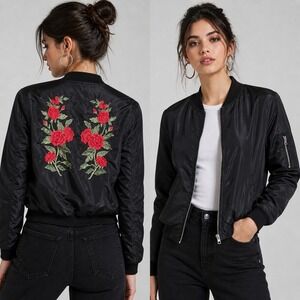 New Look Black Satin Bomber Jacket M Floral Rose Embroidered Quilted Padded 20"